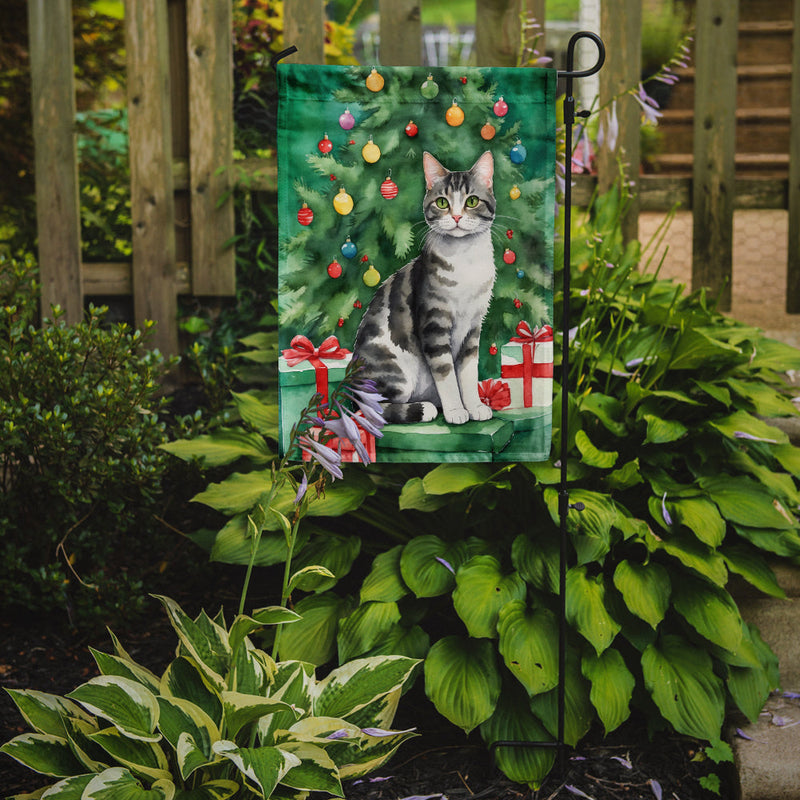 American Wirehair Christmas Garden Flag - Cat by the Christmas Tree - Cat-Themed Holiday Yard Decor