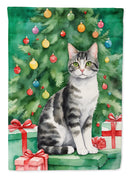 American Wirehair Christmas Garden Flag - Cat by the Christmas Tree - Cat-Themed Holiday Yard Decor