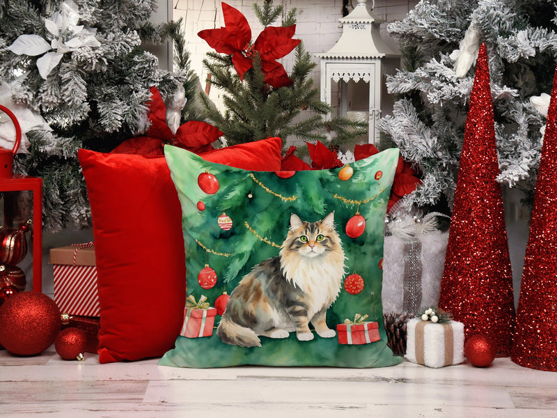 Cymric Cat By the Christmas Tree Throw Pillow