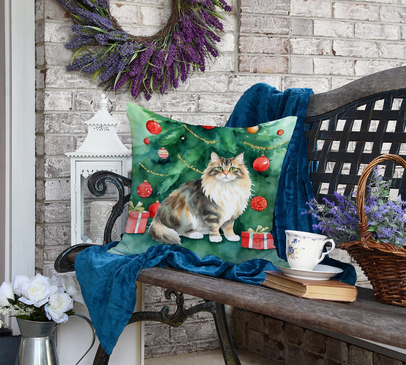 Cymric Cat By the Christmas Tree Throw Pillow