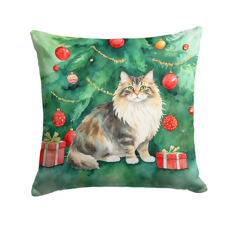 Cymric Cat By the Christmas Tree Throw Pillow