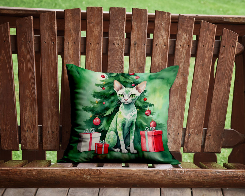 Devon Rex Cat By the Christmas Tree Throw Pillow - 14x14 Decorative Pillow – Art for Your Home & Patio