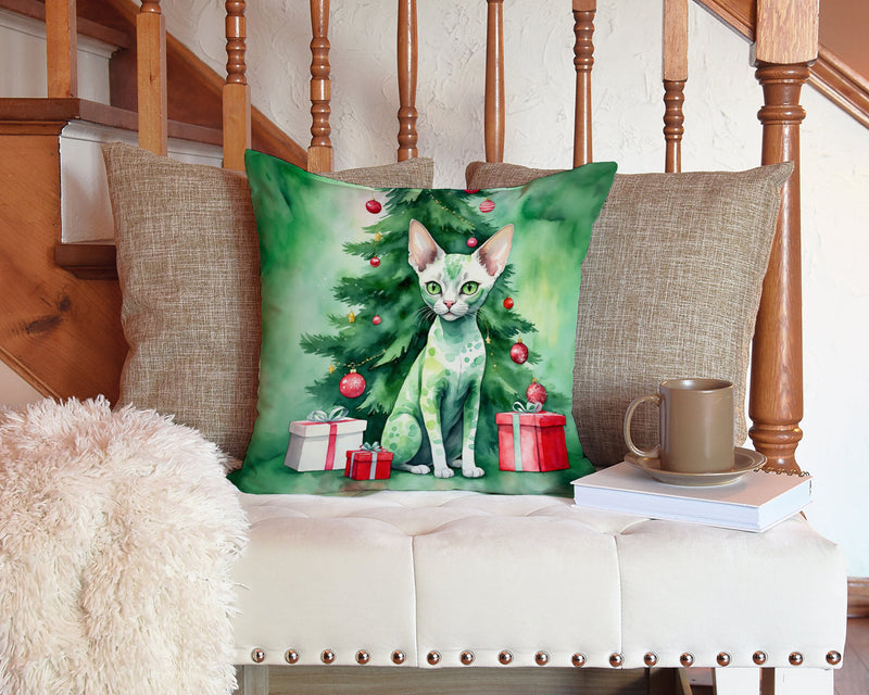 Devon Rex Cat By the Christmas Tree Throw Pillow - 14x14 Decorative Pillow – Art for Your Home & Patio