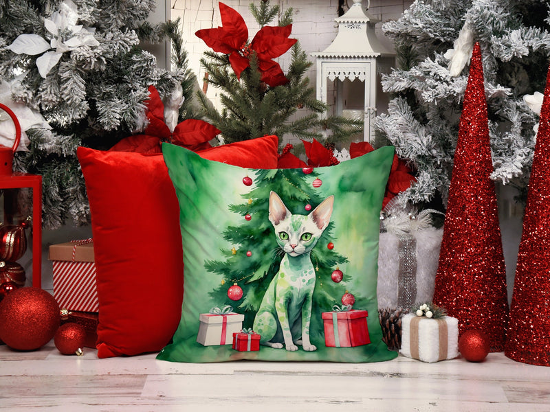 Devon Rex Cat By the Christmas Tree Throw Pillow - 14x14 Decorative Pillow – Art for Your Home & Patio