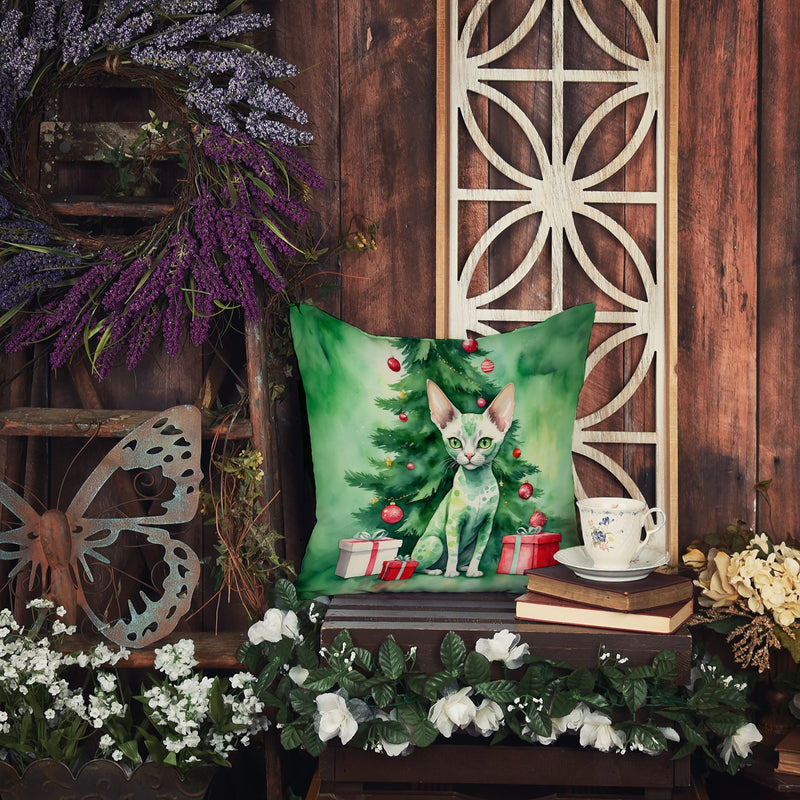 Devon Rex Cat By the Christmas Tree Throw Pillow - 14x14 Decorative Pillow – Art for Your Home & Patio
