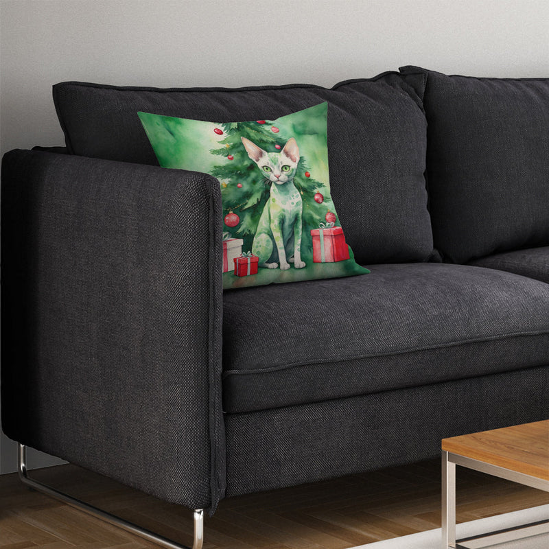 Devon Rex Cat By the Christmas Tree Throw Pillow - 14x14 Decorative Pillow – Art for Your Home & Patio