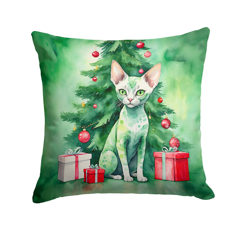Devon Rex Cat By the Christmas Tree Throw Pillow - 14x14 Decorative Pillow – Art for Your Home & Patio