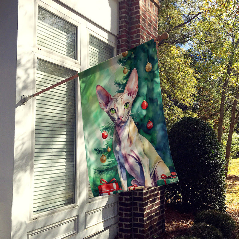 Peterbald Cat By the Christmas Tree House Flag