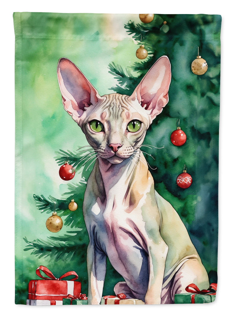 Peterbald Cat By the Christmas Tree House Flag