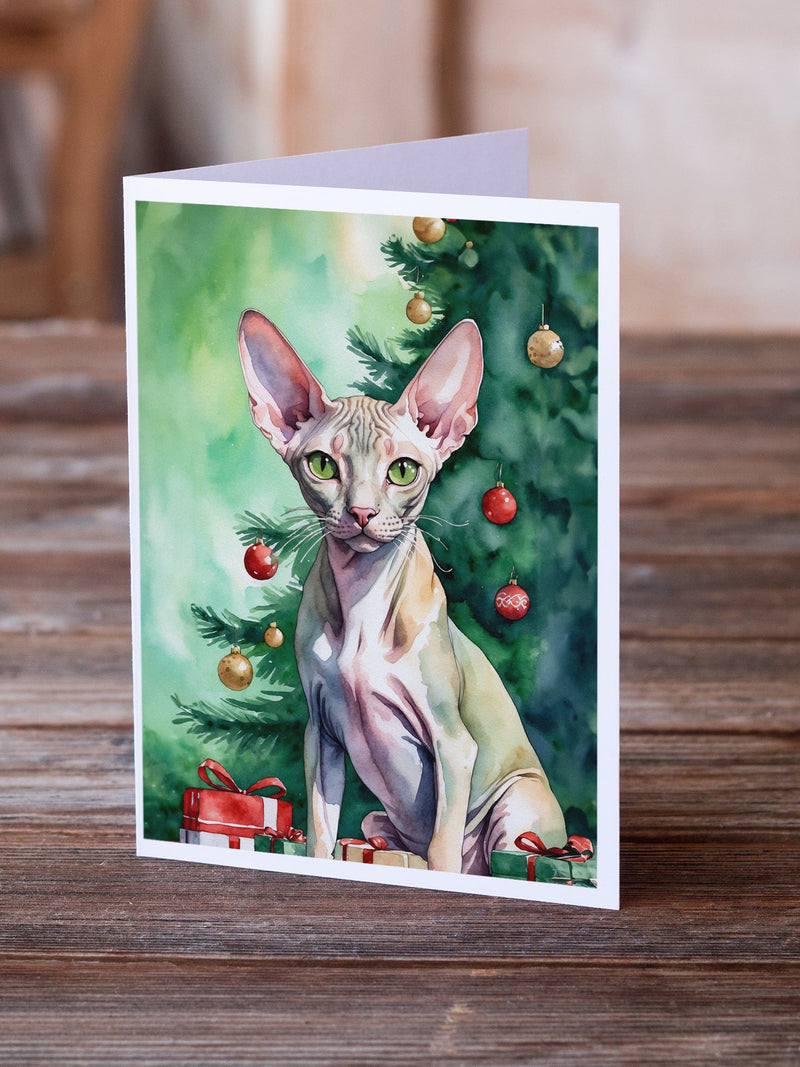 Peterbald Cat By the Christmas Tree Greeting Cards Pack of 8