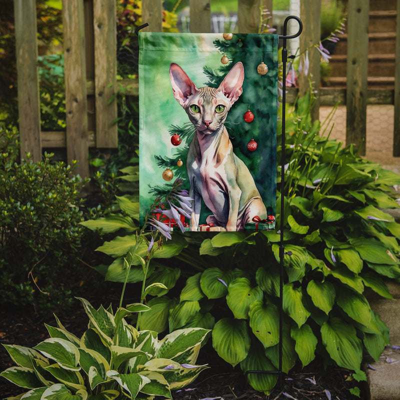 Peterbald Cat By the Christmas Tree Garden Flag