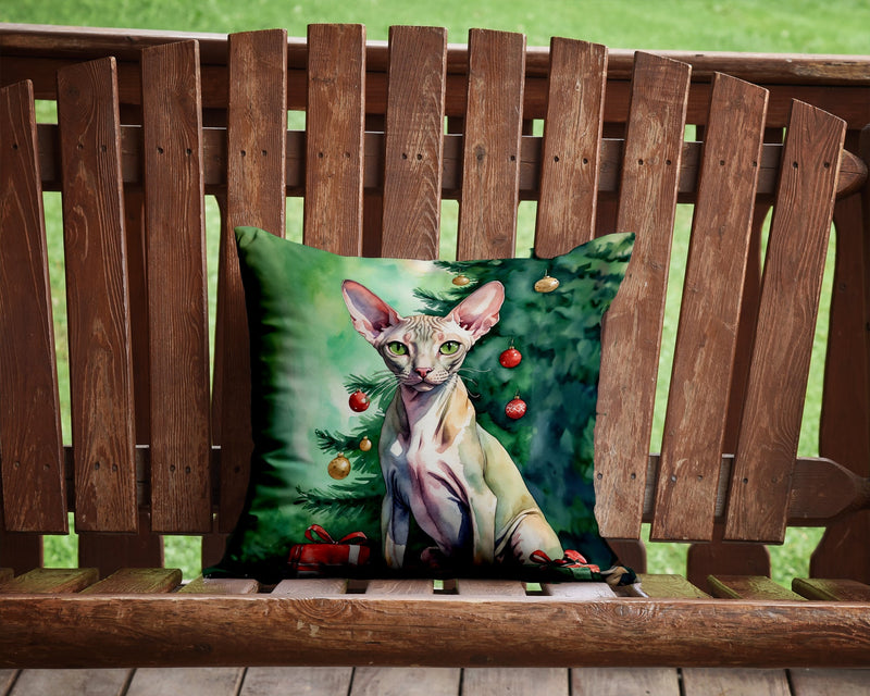 Peterbald Cat By the Christmas Tree Throw Pillow