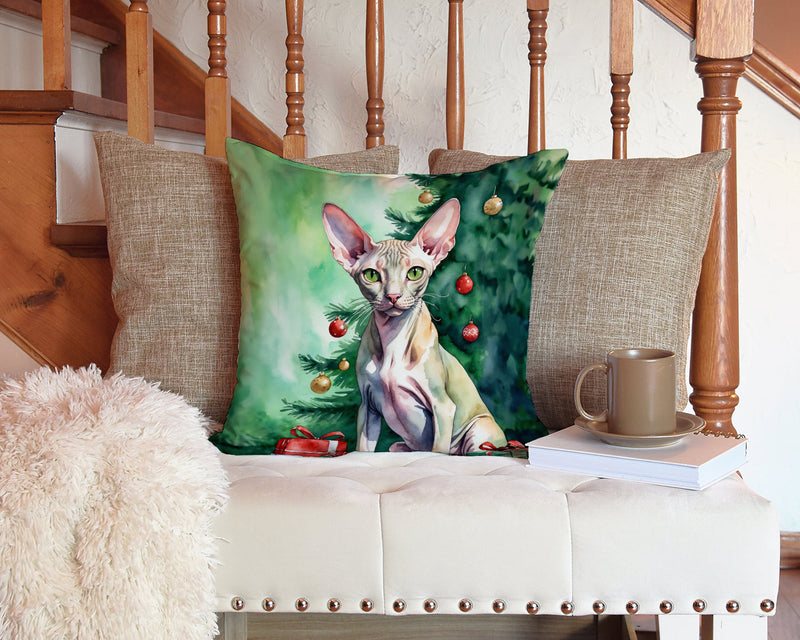 Peterbald Cat By the Christmas Tree Throw Pillow