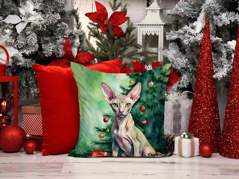 Peterbald Cat By the Christmas Tree Throw Pillow