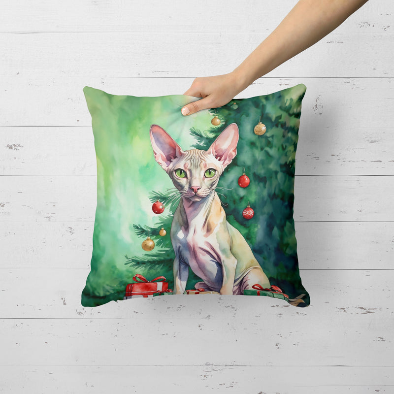 Peterbald Cat By the Christmas Tree Throw Pillow