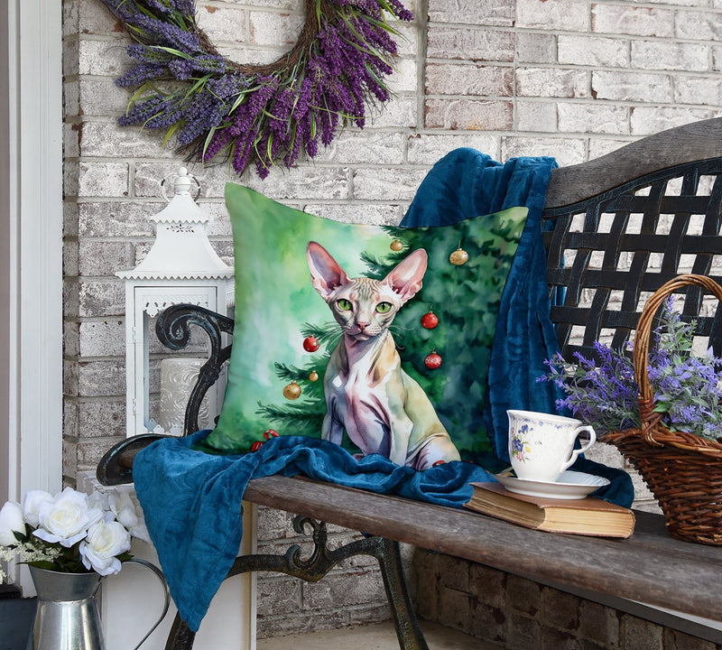 Peterbald Cat By the Christmas Tree Throw Pillow