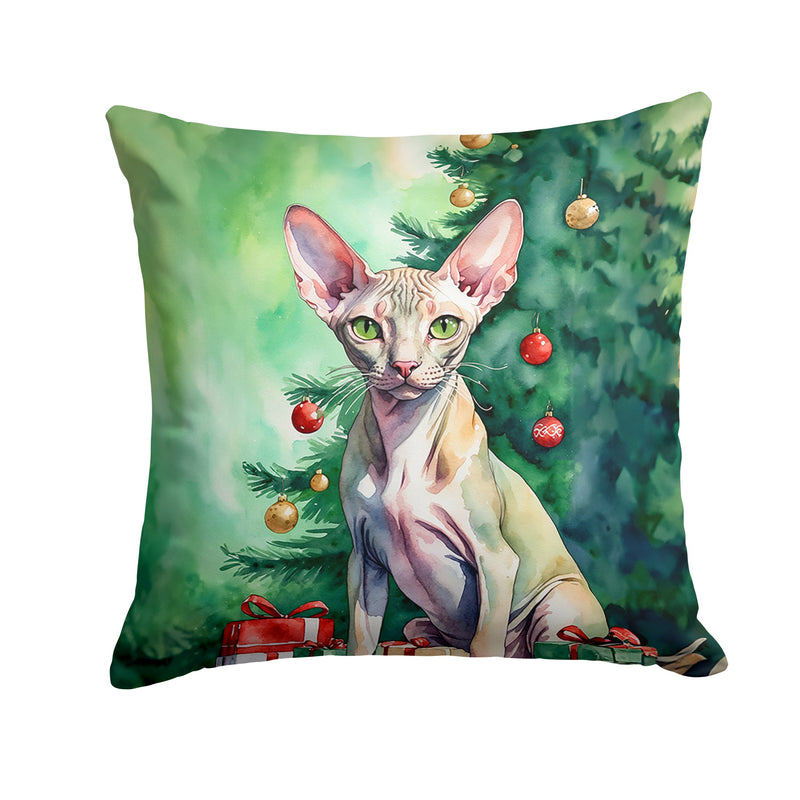 Peterbald Cat By the Christmas Tree Throw Pillow