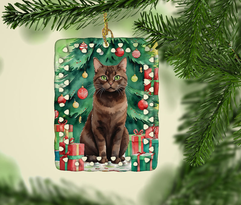 York Chocolate Cat By the Christmas Tree Porcelain Ornament