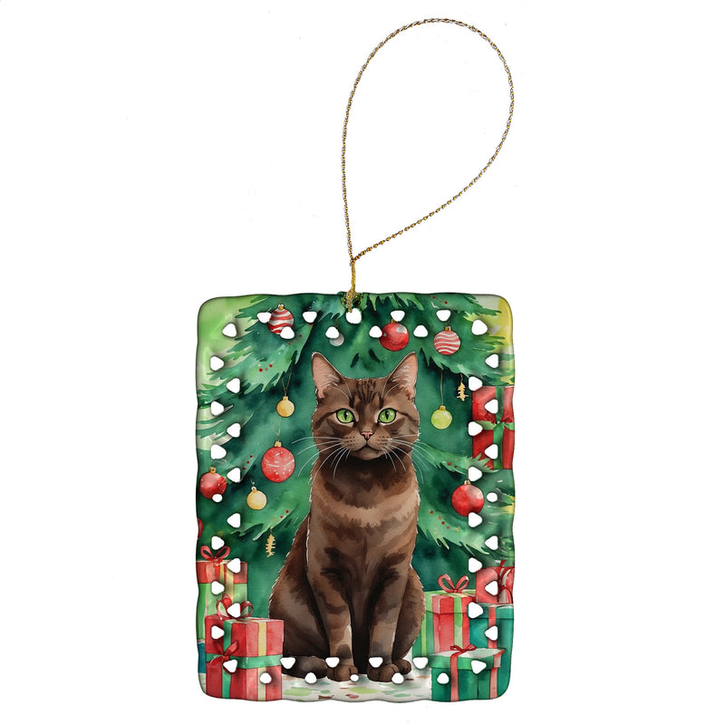 York Chocolate Cat By the Christmas Tree Porcelain Ornament