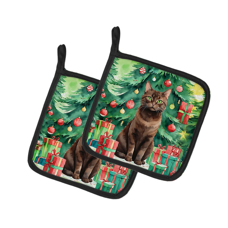 York Chocolate Cat By the Christmas Tree Pair of Pot Holders