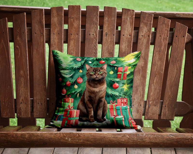 York Chocolate Cat By the Christmas Tree Throw Pillow