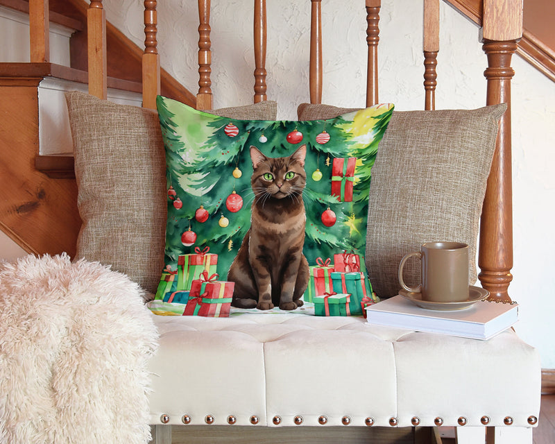 York Chocolate Cat By the Christmas Tree Throw Pillow