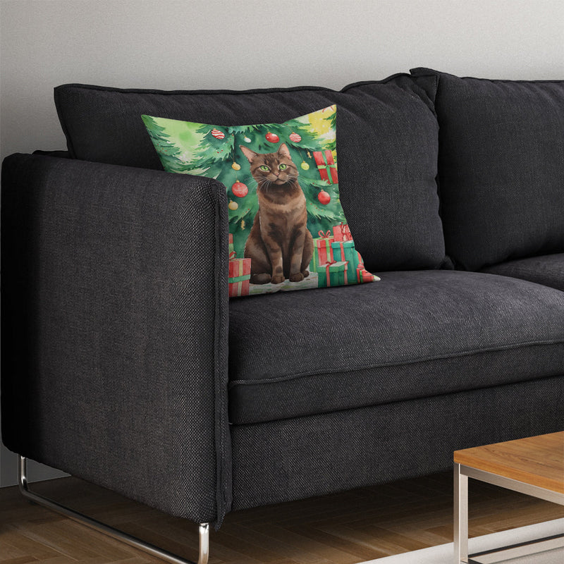 York Chocolate Cat By the Christmas Tree Throw Pillow