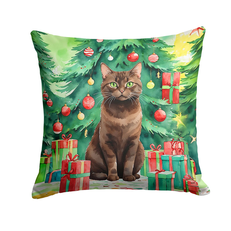 York Chocolate Cat By the Christmas Tree Throw Pillow