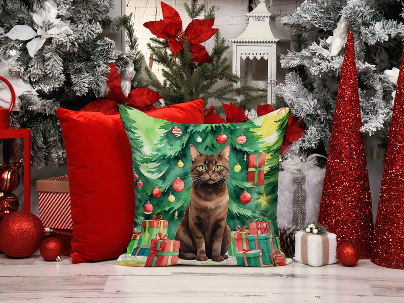 York Chocolate Cat By the Christmas Tree Throw Pillow