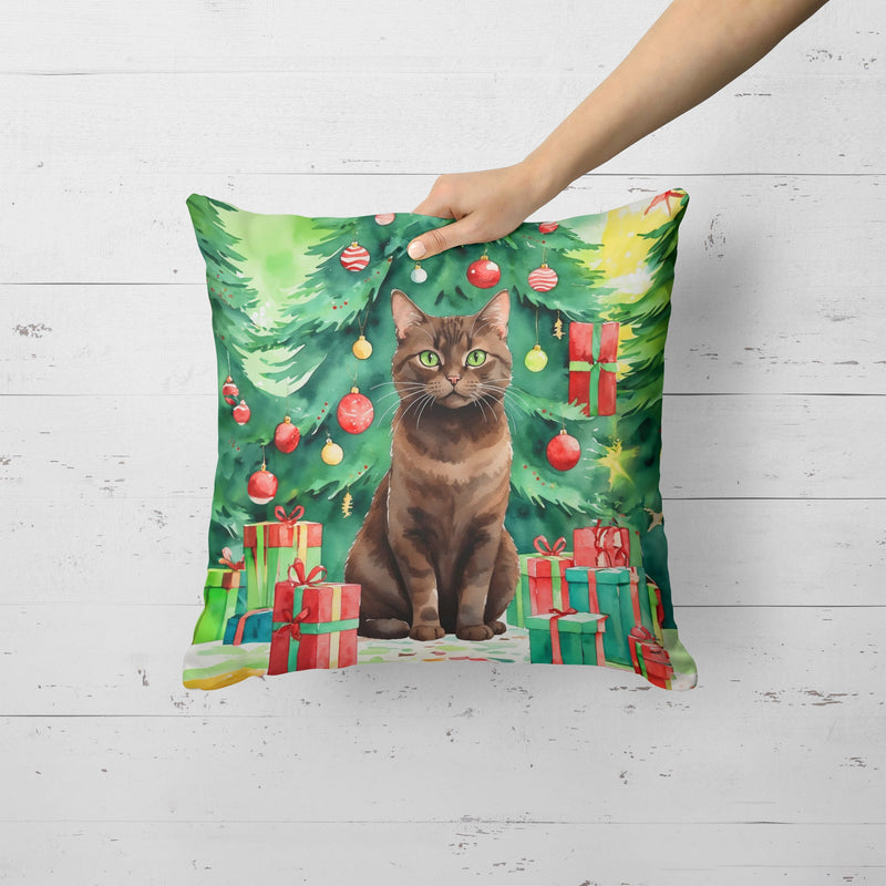 York Chocolate Cat By the Christmas Tree Throw Pillow