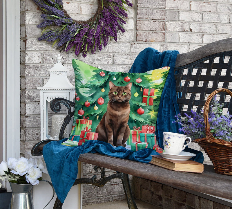 York Chocolate Cat By the Christmas Tree Throw Pillow