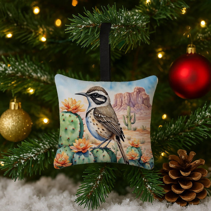 Arizona Cactus Wren Hanging Square Fabric Ornament 3.5 × 3.5