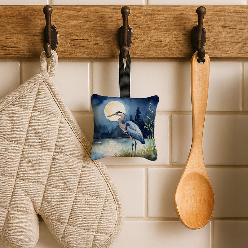 Blue Heron Under the Moonlight Hanging Square Fabric Ornament 3.5 × 3.5