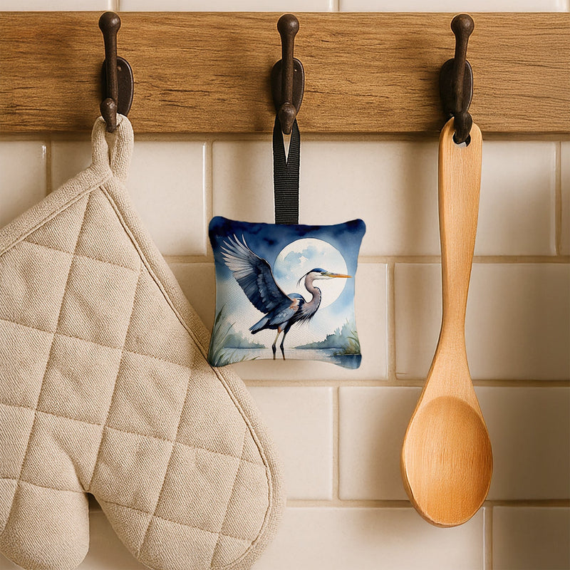 Blue Heron Under the Moonlight Hanging Square Fabric Ornament 3.5 × 3.5