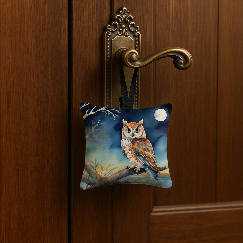 Owl Perched in Coastal Tree Hanging Square Fabric Ornament 3.5 × 3.5