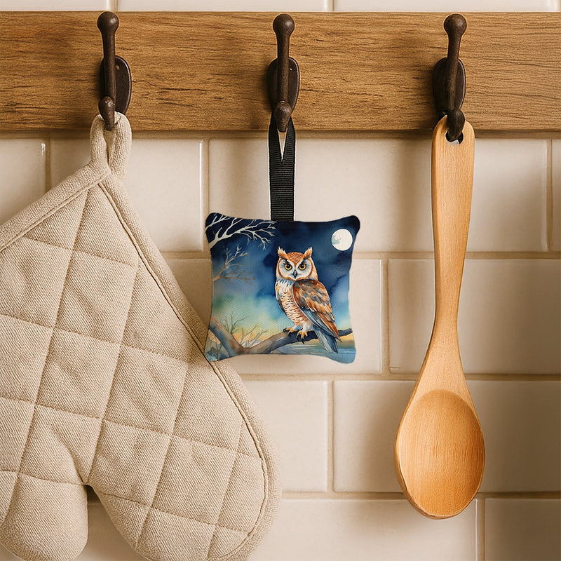 Owl Perched in Coastal Tree Hanging Square Fabric Ornament 3.5 × 3.5