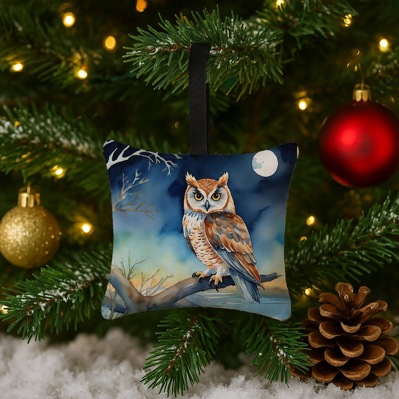 Owl Perched in Coastal Tree Hanging Square Fabric Ornament 3.5 × 3.5