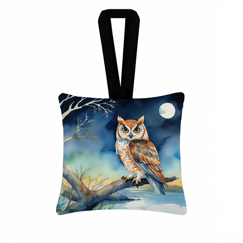 Owl Perched in Coastal Tree Hanging Square Fabric Ornament 3.5 × 3.5