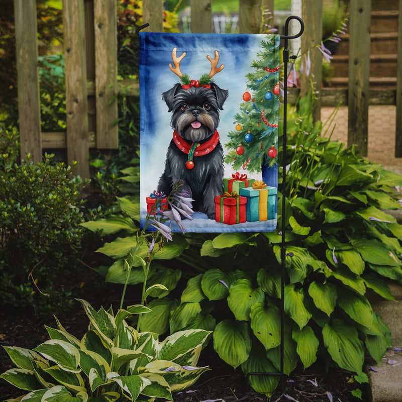 Affenpinscher Christmas Garden Flag – Dog in Reindeer Antlers with Tree & Gifts