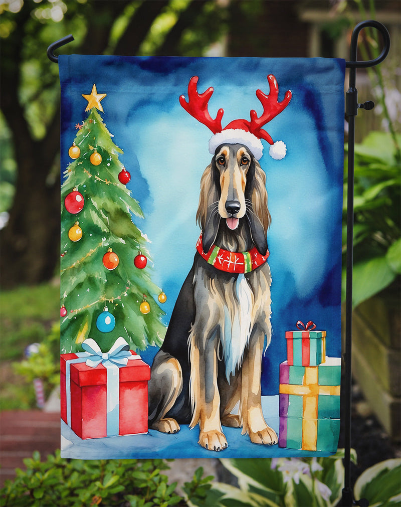 Afghan Hound Christmas Garden Flag – Dog in Reindeer Antlers with Tree & Gifts