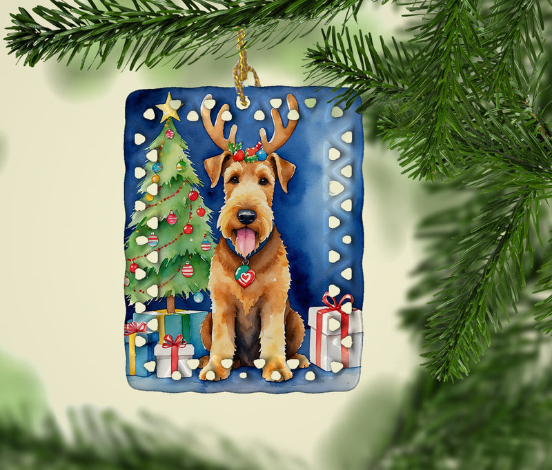Airedale Terrier Christmas Reindeer Porcelain Ornament