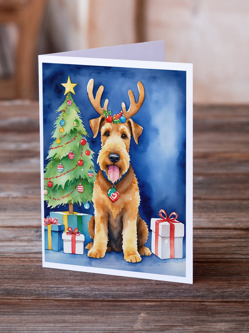 Airedale Terrier Christmas Reindeer Greeting Cards - Blank Note Cards – 8-Pack of Artist-Designed Cards with Envelopes