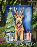 Airedale Terrier Christmas Garden Flag – Dog in Reindeer Antlers with Tree & Gifts