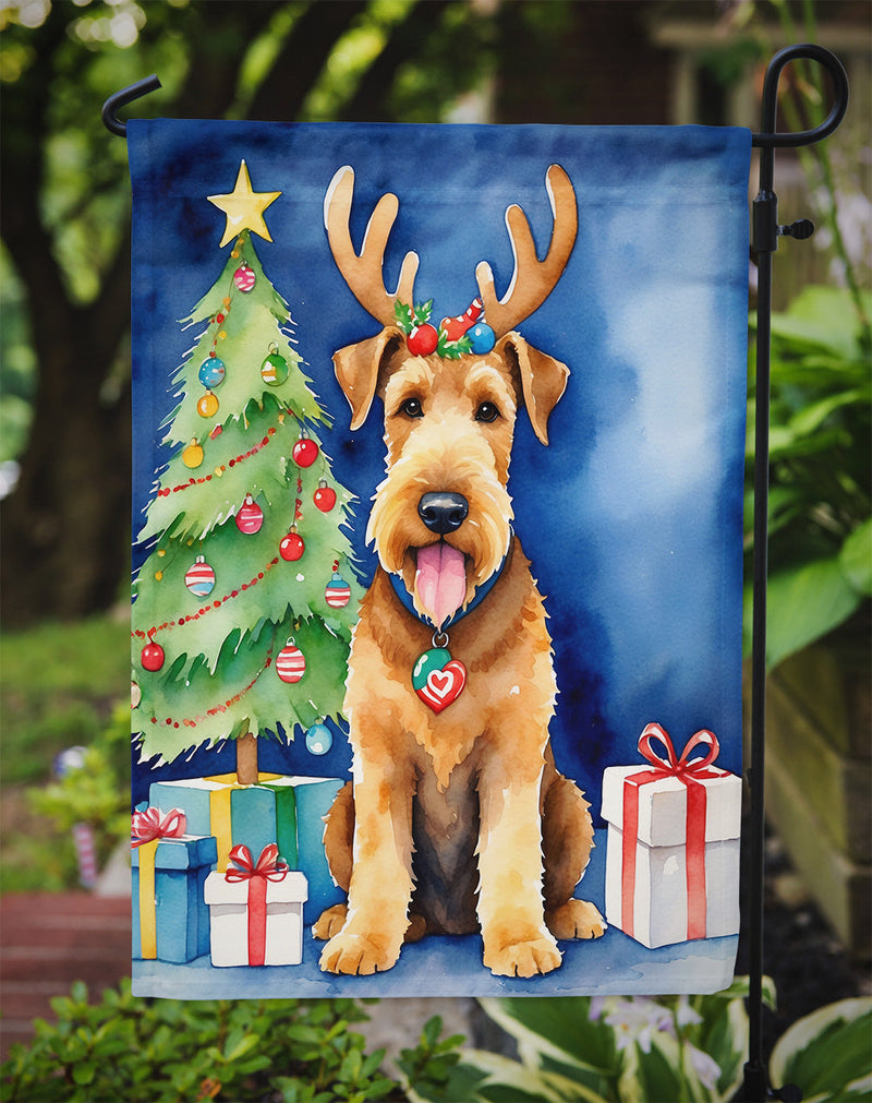 Airedale Terrier Christmas Garden Flag – Dog in Reindeer Antlers with Tree & Gifts