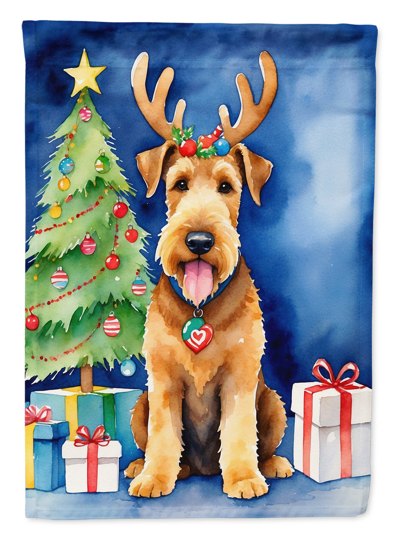 Airedale Terrier Christmas Garden Flag – Dog in Reindeer Antlers with Tree & Gifts