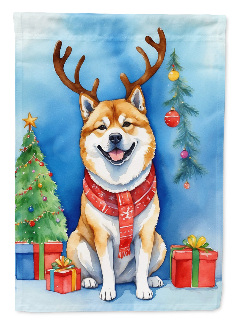 Akita Christmas Garden Flag – Dog in Reindeer Antlers with Tree & Gifts