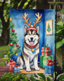 Alaskan Malamute Christmas Garden Flag – Dog in Reindeer Antlers with Tree & Gifts