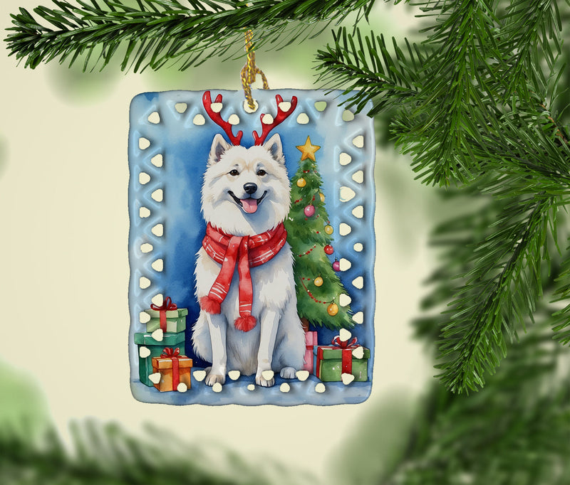 American Eskimo Christmas Reindeer Porcelain Ornament