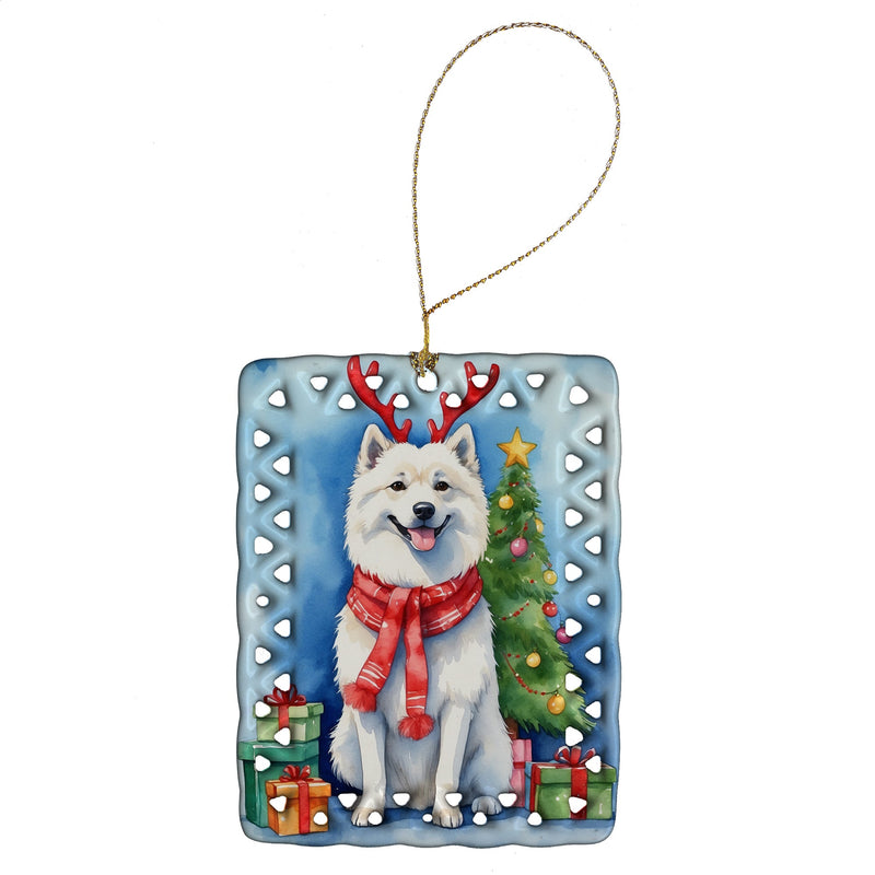 American Eskimo Christmas Reindeer Porcelain Ornament