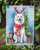 American Eskimo Christmas Garden Flag – Dog in Reindeer Antlers with Tree & Gifts